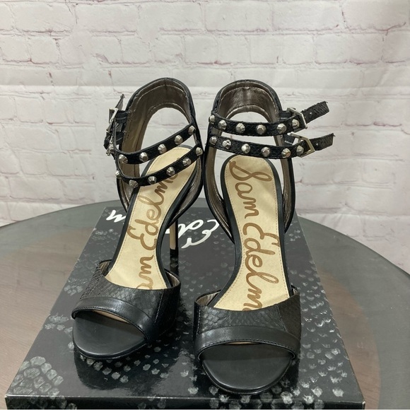 SAM EDELMAN AYDA BLACK LEATHER SNAKE SKIN EMBOSSED ANKLE STRAP SANDALS 7 - Picture 13 of 15